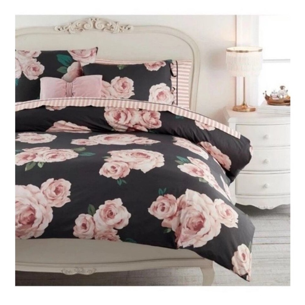 Pottery Barn Emily Merritt Bed of Roses Charcoal & Pink Full/Queen Duvet & Sham